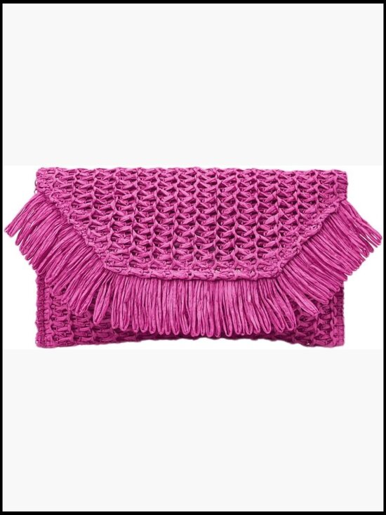 Handbags - Woven Straw Envelope Fringe Trim Rattan Beach Clutch Handbag